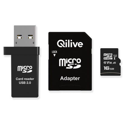 microSDHC Speicherkarte Qilive, 16GB, Klasse 10, mit Kartenleser und Adapter EKMSDM16GHC10QL
