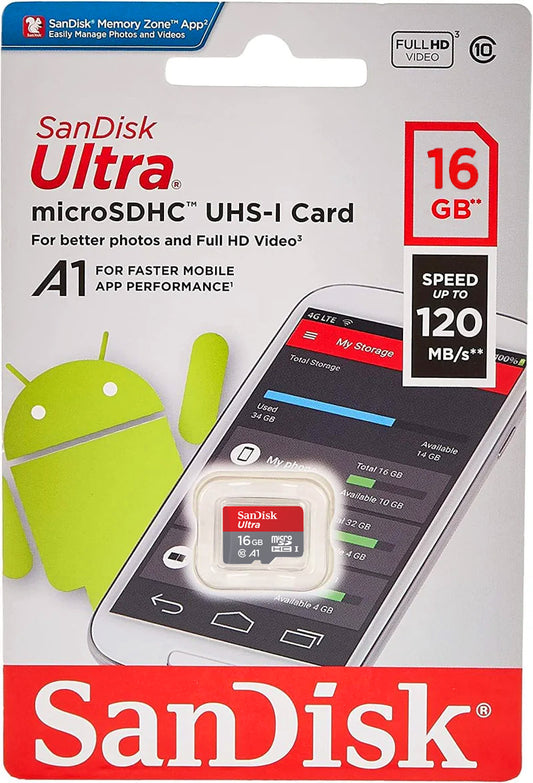 SanDisk Ultra Android A1 microSDHC Geheugenkaart, 16Gb, Klasse 10 / UHS-1 U1 SDSQUAR-016G-GN6MN