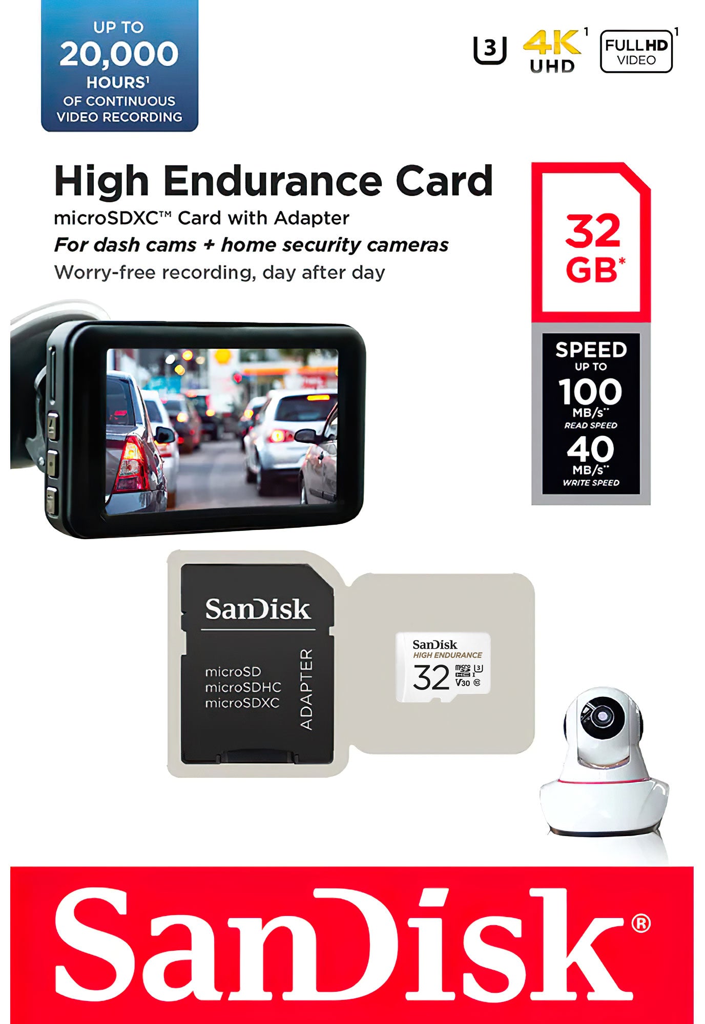 SanDisk High Endurance microSDHC Geheugenkaart, 32Gb, Klasse 10 / UHS-1 U3, Met Adapter SDSQQNR-032G-GN6IA