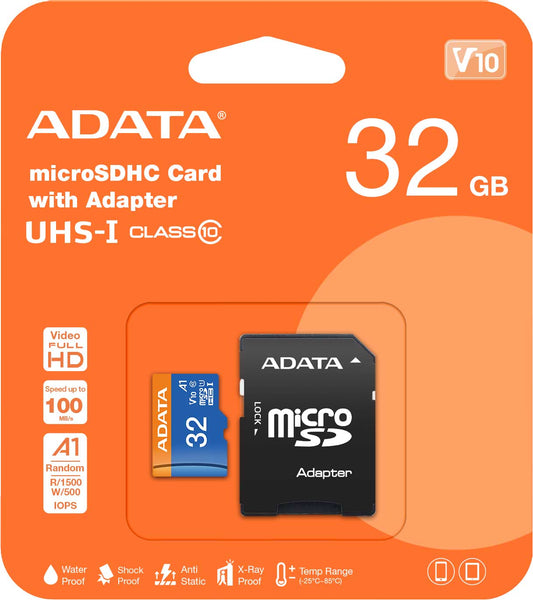 Adata microSDXC-geheugenkaart, 32Gb, Klasse 10 / UHS-1 U1, Met adapter AUSDH32GUICL10A1-RA1 AUSDH32GUICL10A1-RA1