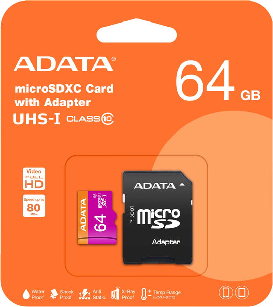 Adata microSDXC-geheugenkaart, 64Gb, Klasse 10 / UHS-1 U1, Met adapter AUSDX64GUICL10-RA1