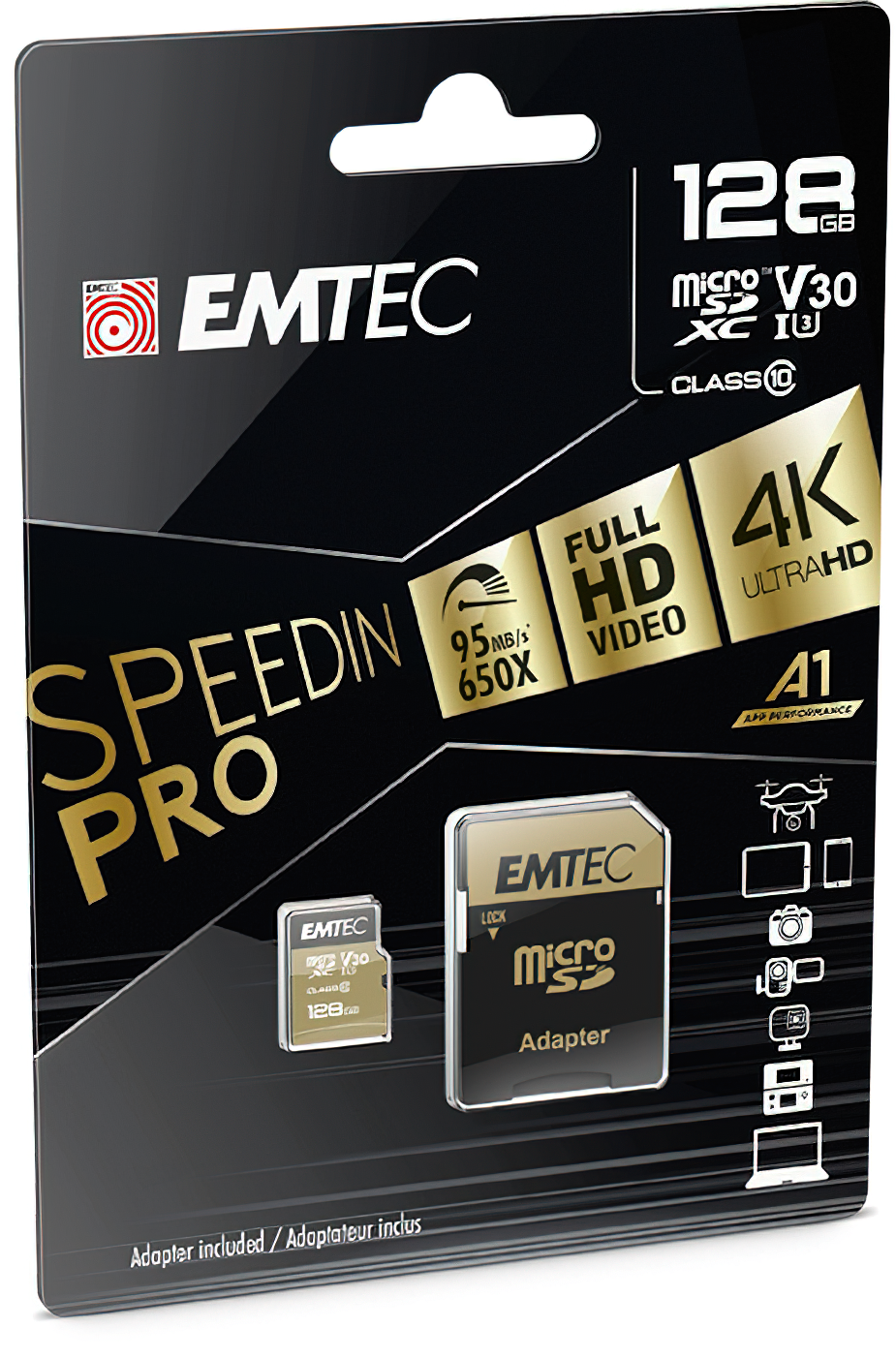 Emtec Speedin Pro Android A1 microSDXC Geheugenkaart, 128Gb, Klasse 10 / UHS-1 U3, Met Adapter ECMSDM128GXE