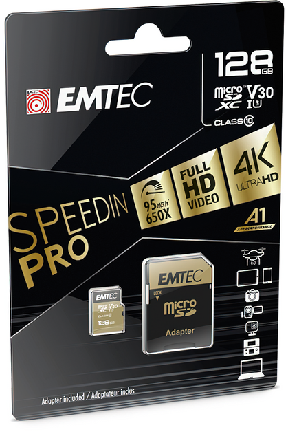 Emtec Speedin Pro Android A1 microSDXC Geheugenkaart, 128Gb, Klasse 10 / UHS-1 U3, Met Adapter ECMSDM128GXE