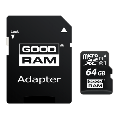 GoodRam microSDXC Geheugenkaart, 64Gb, Klasse 10 / UHS-1 U1, Met Adapter M1AA-0640R12