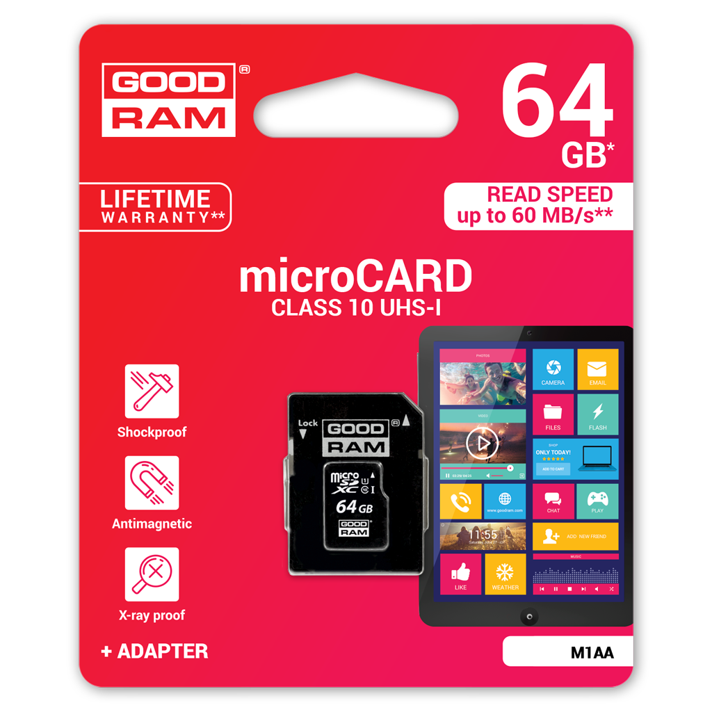GoodRam microSDXC Geheugenkaart, 64Gb, Klasse 10 / UHS-1 U1, Met Adapter M1AA-0640R12
