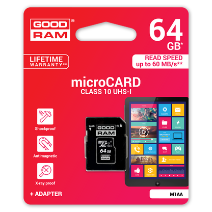 GoodRam microSDXC Geheugenkaart, 64Gb, Klasse 10 / UHS-1 U1, Met Adapter M1AA-0640R12
