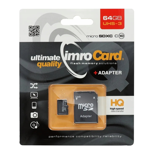 Imro microSDXC Geheugenkaart, 64Gb, Klasse 10 / UHS-1 U3, Met Adapter