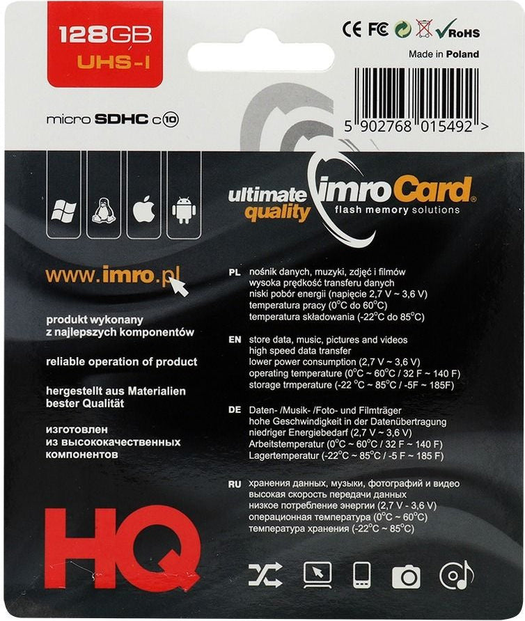 MicroSDXC Geheugenkaart Imro, 128Gb, Klasse 10 / UHS-1 U1, Met Adapter