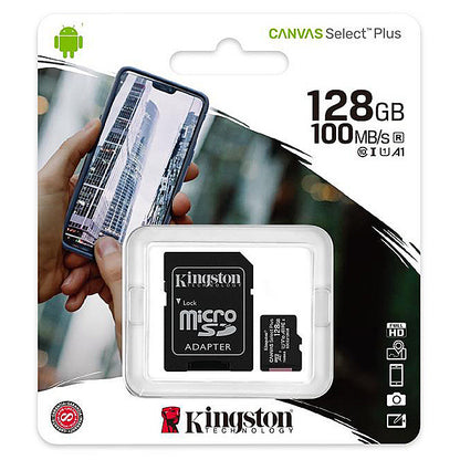 Kingston Canvas Select Plus Android A1 microSDXC Geheugenkaart Kingston Canvas Select Plus Android A1, 128Gb, Klasse 10 / UHS-1 U1, met SDCS2/128GB Adapter