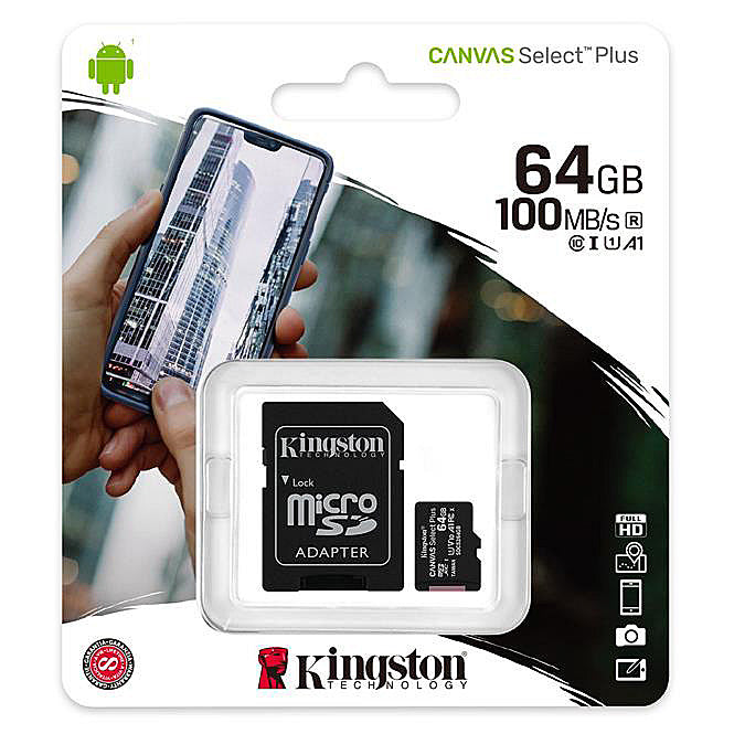 Kingston Canvas Select Plus Android A1, 64Gb, Klasse 10 / UHS-1 U1, microSDXC Geheugenkaart Kingston Canvas Select Plus Android A1, 64Gb, Klasse 10 / UHS-1 U1, met SDCS2/64GB Adapter