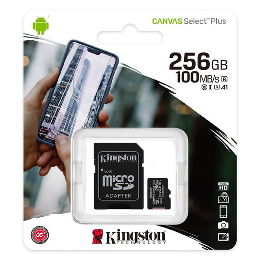 Kingston Canvas Select Plus Android A1 microSDXC Geheugenkaart Kingston Canvas Select Plus Android A1, 256Gb, Klasse 10 / UHS-1 U1, met SDCS2/256GB Adapter