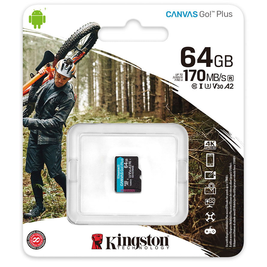 Geheugenkaart microSDXC Kingston Canvas Go Plus, 64Gb, Klasse 10 / UHS-1 U3 SDCG3/64GBSP 