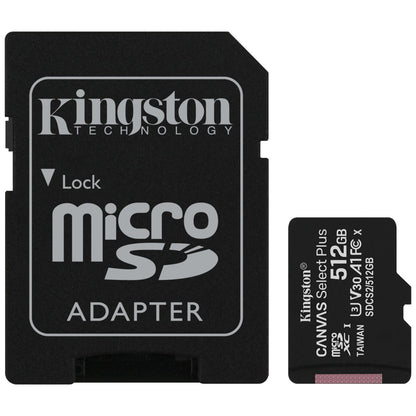 Kingston Canvas Select Plus microSDXC Geheugenkaart, 512Gb, Klasse 10 / UHS-1 U3, Met SDCS2/512GB Adapter