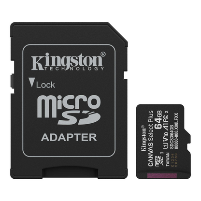 Carte mémoire microSDXC Kingston Canvas Select Plus Android A1, 64Gb, Classe 10 / UHS-1 U1, Avec Adaptateur SDCS3/64GB