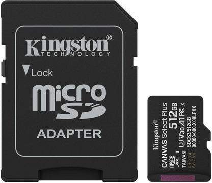 Kingston Canvas Select Plus Android A1 microSDXC Geheugenkaart, 512Gb, Klasse 10 / UHS-1 U3, Met Adapter SDCS3/512GB