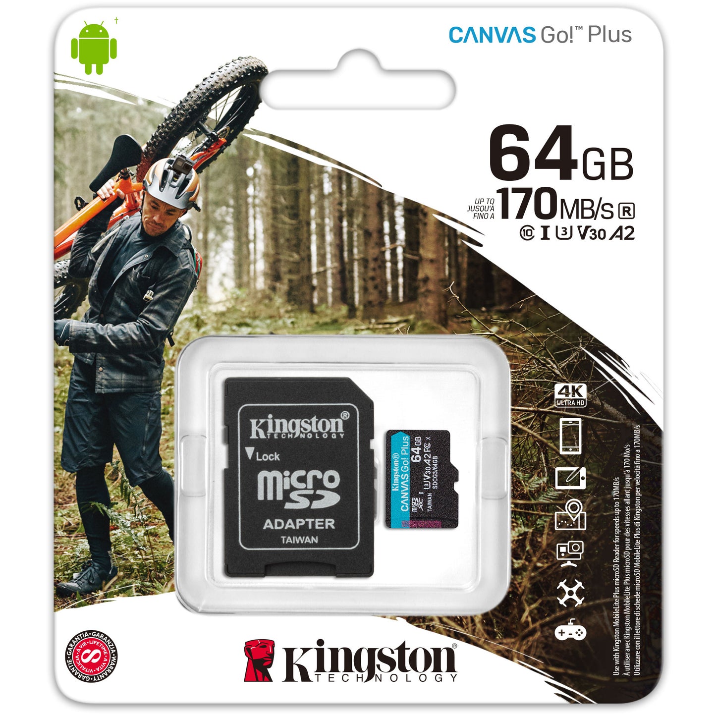 Kingston Canvas Go Plus microSDXC Geheugenkaart, 64Gb, Klasse 10 / UHS-1 U3, met SDCG3/64GB Adapter