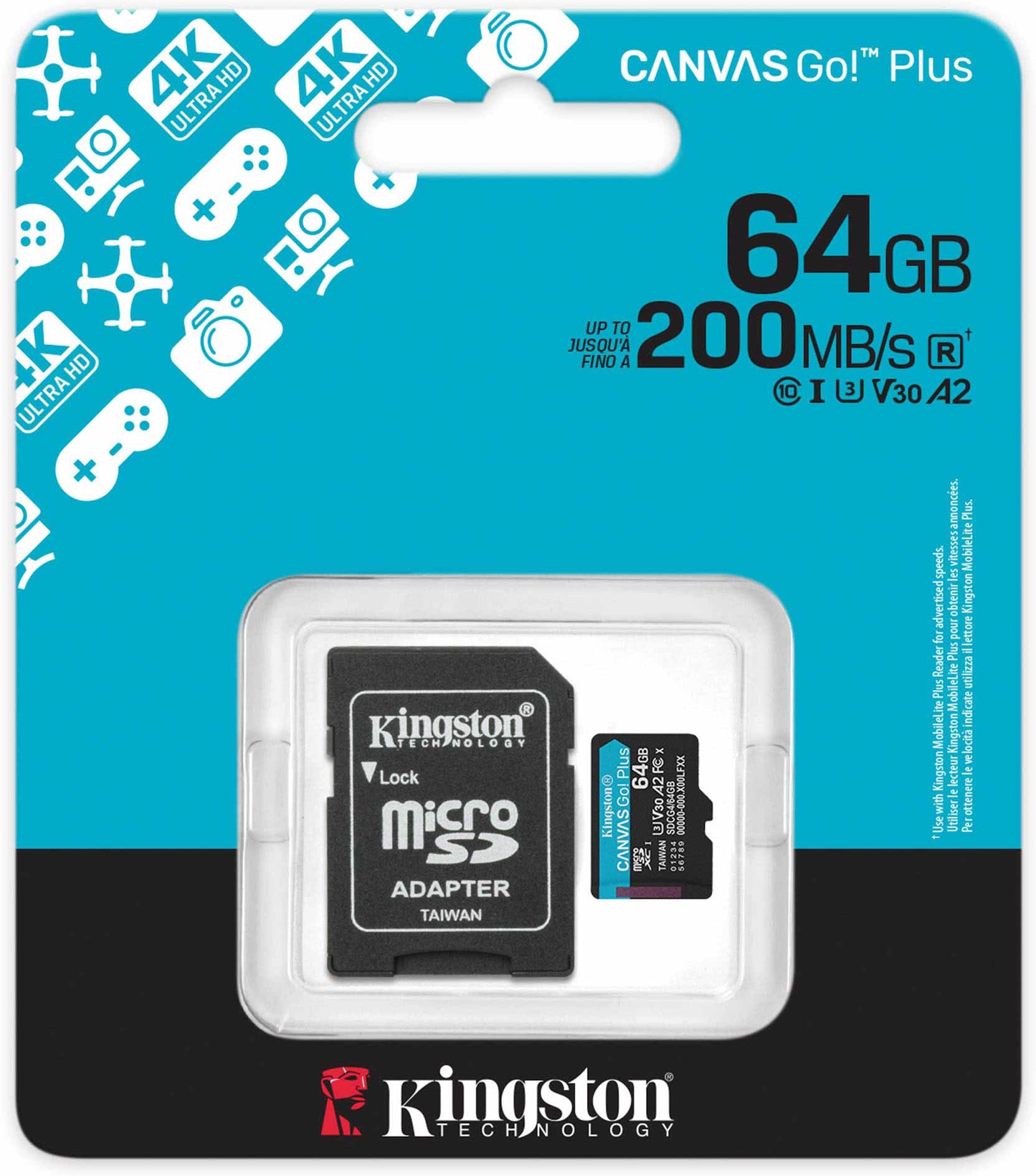 Speicherkarte microSDXC Kingston Canvas Go Plus Android A2, 64Gb, Klasse 10 / UHS-1 U3, mit Adapter SDCG4/64GB