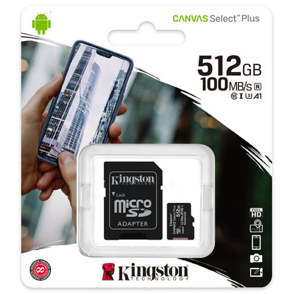 Kingston Canvas Select Plus microSDXC Geheugenkaart, 512Gb, Klasse 10 / UHS-1 U3, Met SDCS2/512GB Adapter