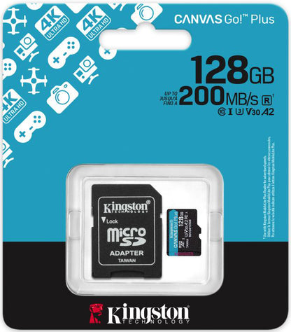 Kingston Canvas Go Plus Android A2 microSDXC Speicherkarte, 128Gb, Klasse 10 / UHS-1 U3, mit Adapter SDCG4/128GB