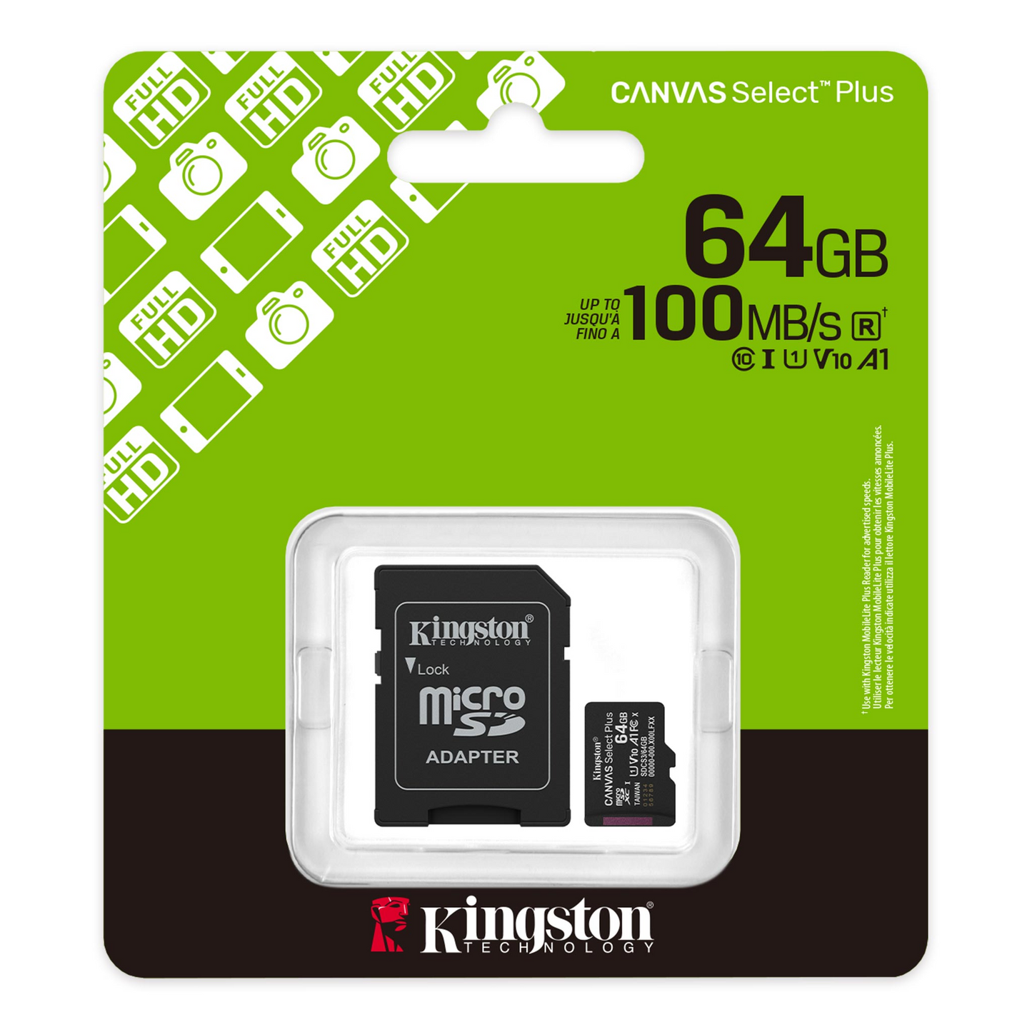 Carte mémoire microSDXC Kingston Canvas Select Plus Android A1, 64Gb, Classe 10 / UHS-1 U1, Avec Adaptateur SDCS3/64GB