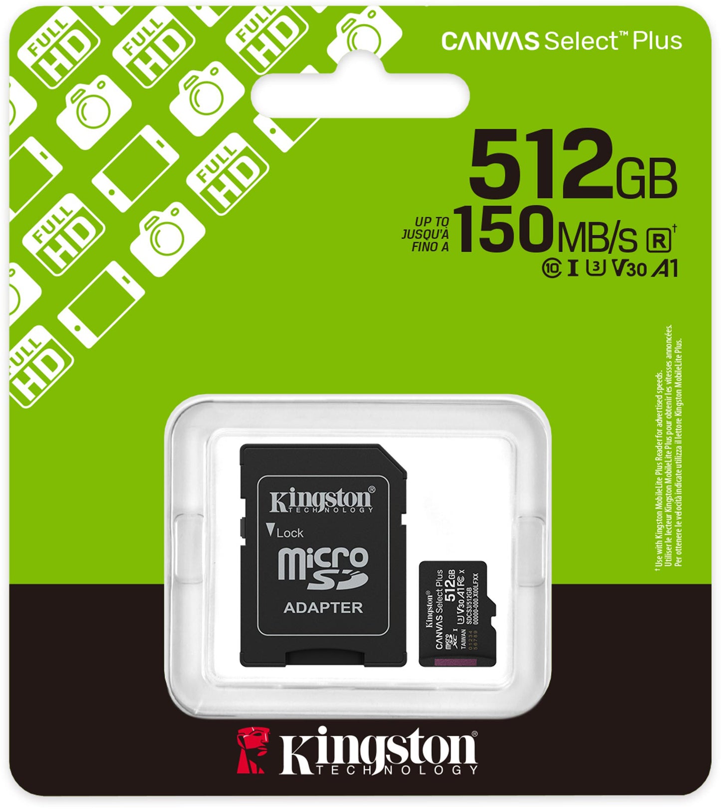 Kingston Canvas Select Plus Android A1 microSDXC Geheugenkaart, 512Gb, Klasse 10 / UHS-1 U3, Met Adapter SDCS3/512GB