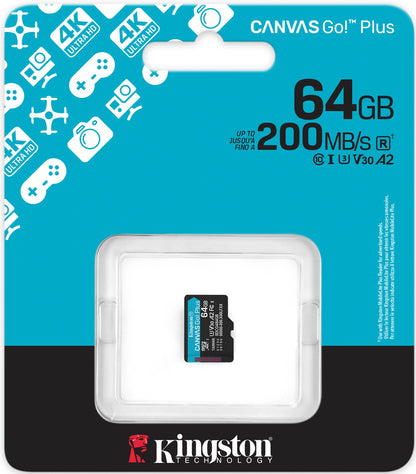Kingston Canvas Go Plus Android A2 microSDXC Geheugenkaart, 64Gb, Klasse 10 / UHS-1 U3 SDCG4/64GBSP