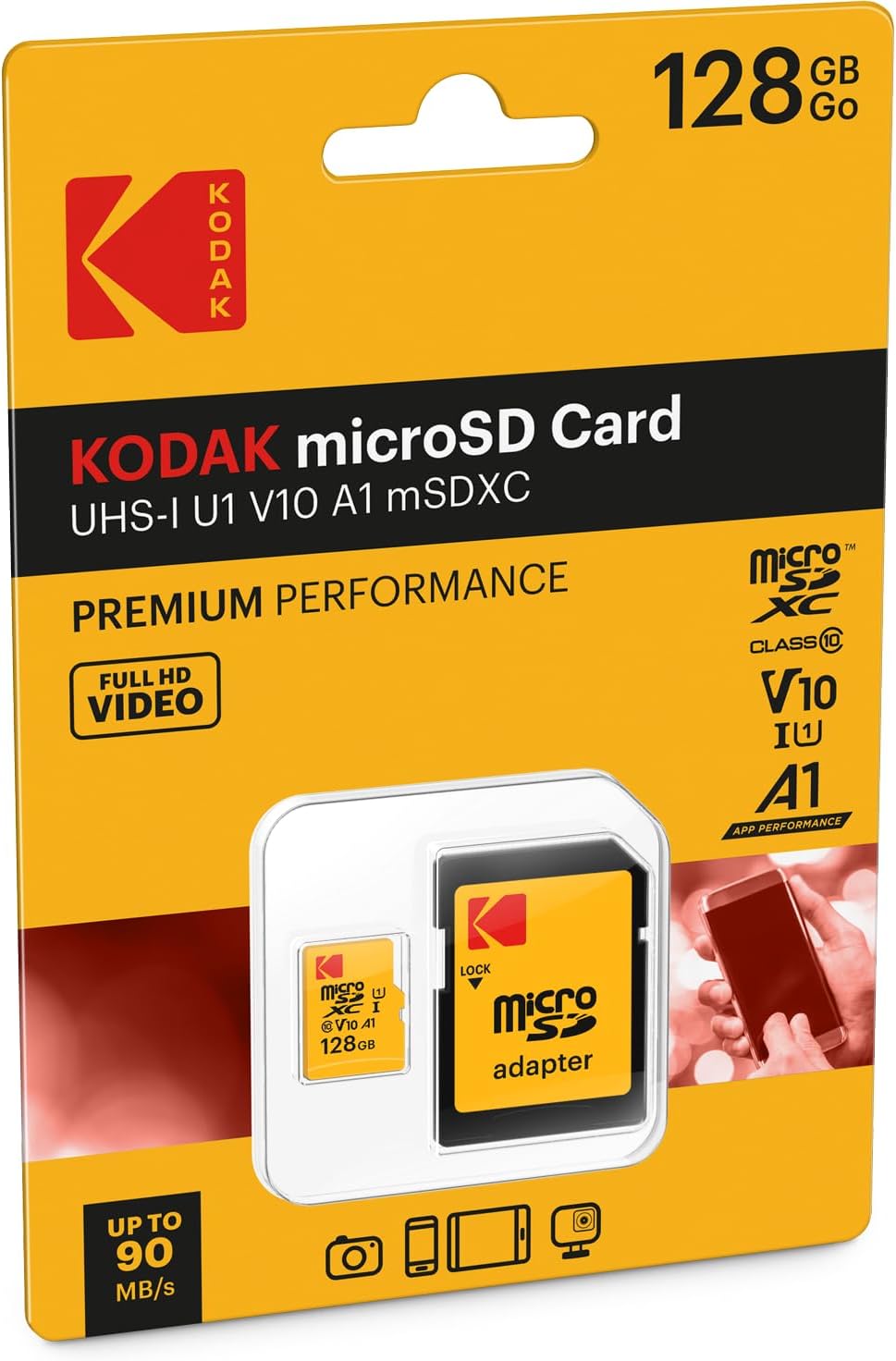 Carte mémoire microSDXC Kodak Premium Performance, 128Gb, Classe 10 / UHS-1 U1, Avec Adaptateur EKMSDM128GXC10K