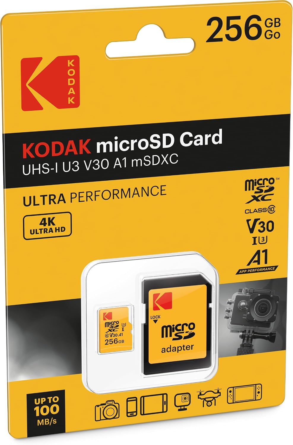 Kodak microSDXC Speicherkarte, 256GB, Klasse 10 / UHS-1 U3, mit Adapter EKMSDM256GXC10HPRK