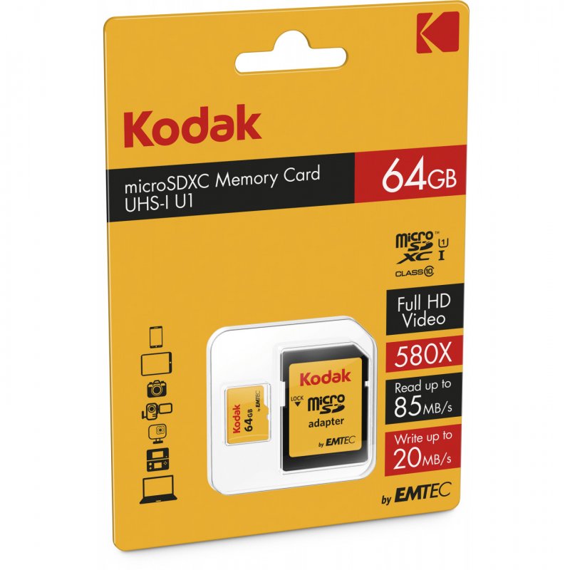 Kodak microSDXC Speicherkarte, 64Gb, Klasse 10 / UHS-1 U1, mit Adapter EKMSDM64GXC10K