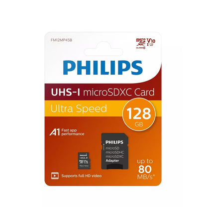 Philips microSDXC Speicherkarte, 128Gb, Klasse 10 / UHS-1 U1, mit Adapter FM12MP45B/10