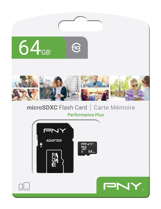 Carte mémoire microSDXC PNY Performance Plus, 64Gb, Classe 10, Avec Adaptateur P-SDU64G10PPL-GE