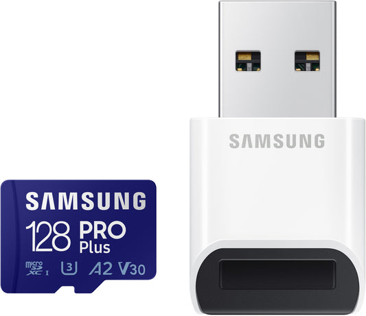 Carte mémoire microSDXC Samsung PRO Plus, 128Gb, Classe 10 / UHS-1 U3, avec lecteur de carte et adaptateur MB-MD128KB/WW