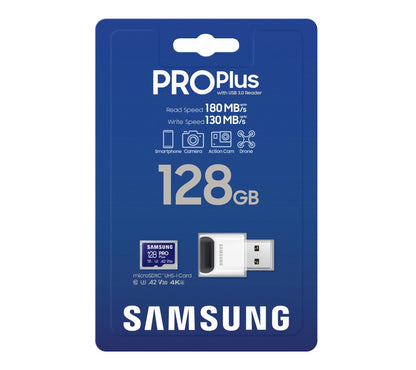 Samsung PRO Plus microSDXC Geheugenkaart, 128Gb, Klasse 10 / UHS-1 U3, met Kaartlezer MB-MD128SB/WW