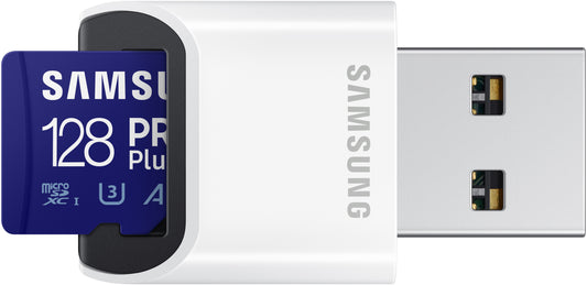 Carte mémoire microSDXC Samsung PRO Plus, 128Gb, Classe 10 / UHS-1 U3, avec lecteur de carte et adaptateur MB-MD128KB/WW
