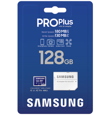 Samsung PRO Plus microSDXC Speicherkarte, 128Gb, Klasse 10 / UHS-1 U3, mit Adapter MB-MD128SA/EU