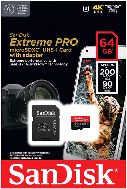 SanDisk Extreme Pro microSDXC Memory Card, 64Gb, Class 10 / UHS-1 U3, With Adapter SDSQXCU-064G-GN6MA