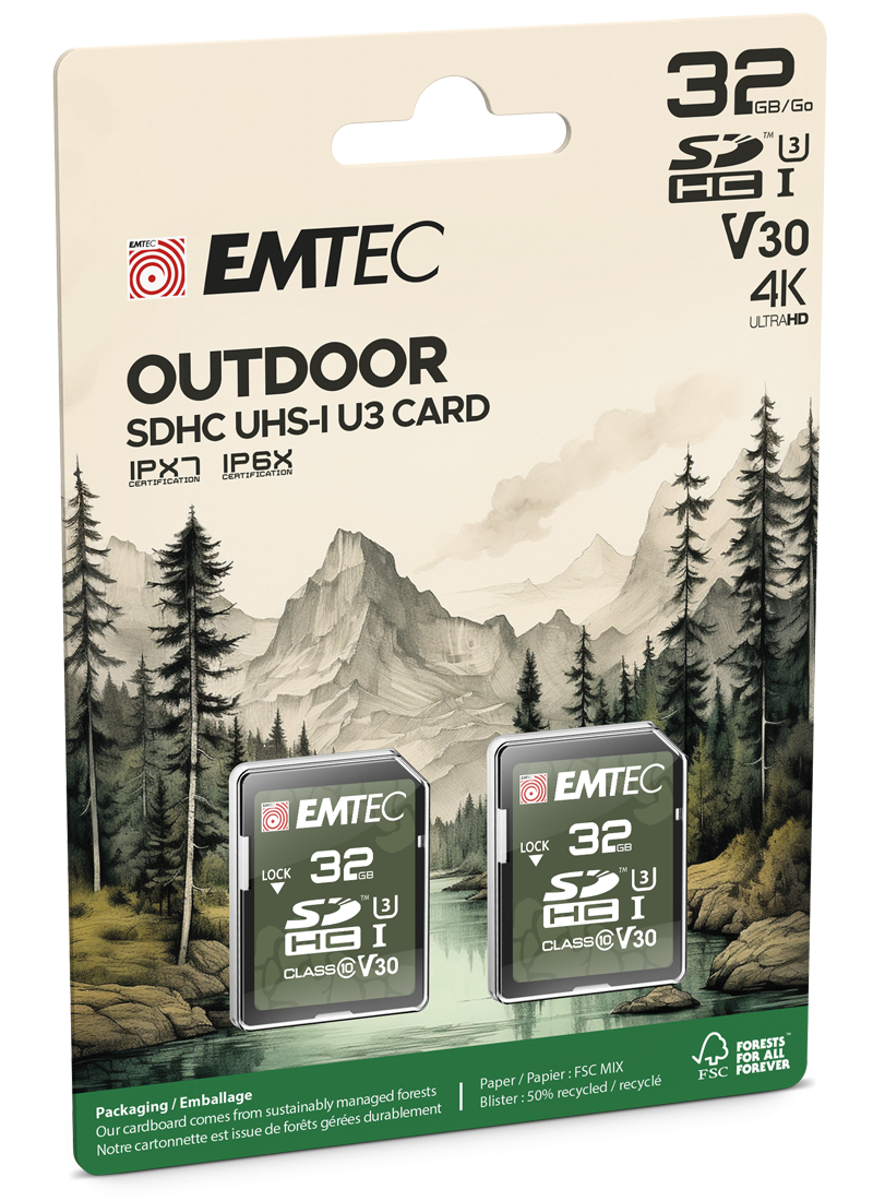 Carte mémoire SDHC Emtec Rugged Outdoor, 32Gb, Classe 10 / UHS-1 U3, Lot de 2 pièces ECMSD32GHC10ORP2