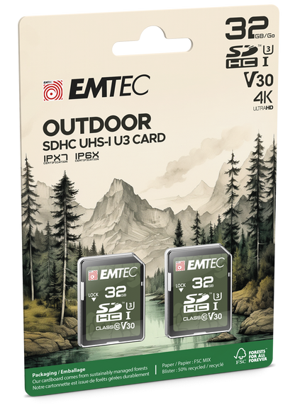 Carte mémoire SDHC Emtec Rugged Outdoor, 32Gb, Classe 10 / UHS-1 U3, Lot de 2 pièces ECMSD32GHC10ORP2