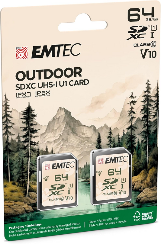 SDXC Geheugenkaart Emtec Rugged Outdoor, 64Gb, Klasse 10 / UHS-1 U1, Set van 2 stuks ECMSD64GXCU1ORP2
