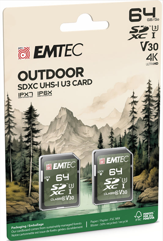 SDXC Geheugenkaart Emtec Rugged Outdoor, 64Gb, Klasse 10 / UHS-1 U3, Set van 2 stuks ECMSD64GXCU3ORP