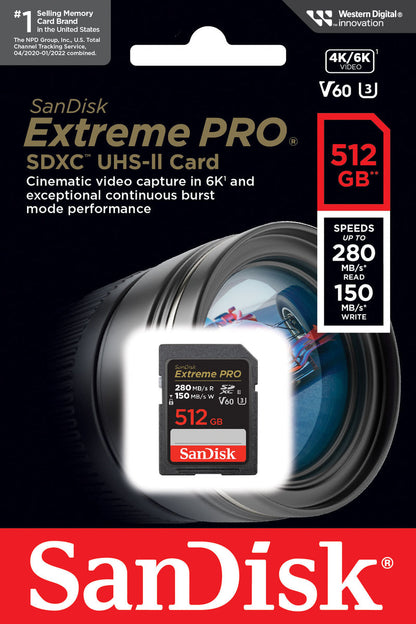 Carte Mémoire SDXC SanDisk Extreme Pro, 512Gb, Classe 10 / UHS-2 U3 SDSDXEP-512G-GN4IN