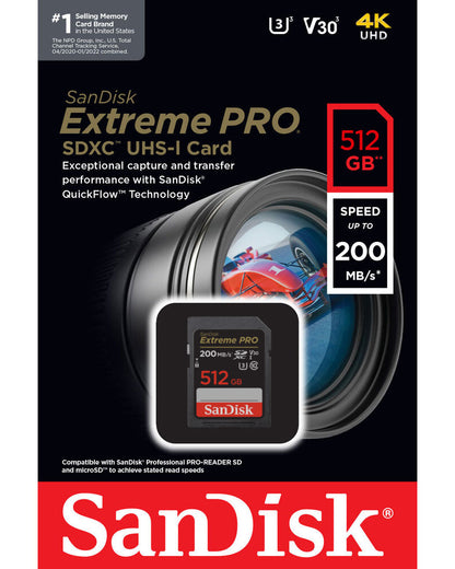 Carte Mémoire SDXC SanDisk Extreme Pro, 512Go, Classe 10 / UHS-1 U3 SDSDXXD-512G-GN4IN
