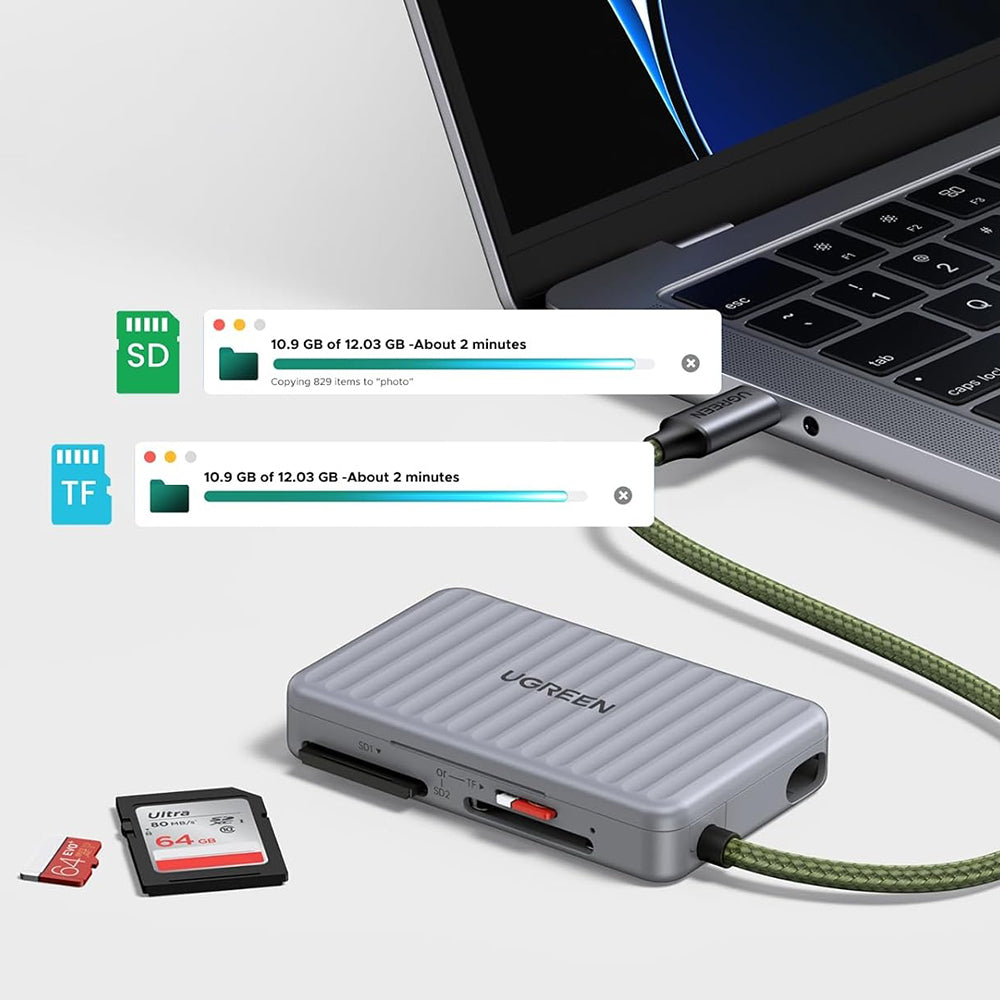 UGREEN 55886 USB-C Kaartlezer met Organizer, 2 x SD - microSD, Grijs