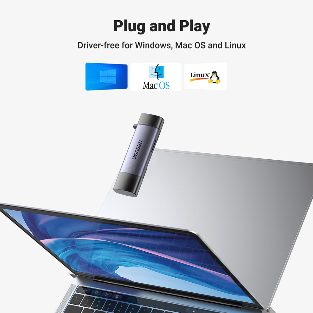 USB / USB-C Kaartlezer UGREEN CM185, SD - microSD, Gri