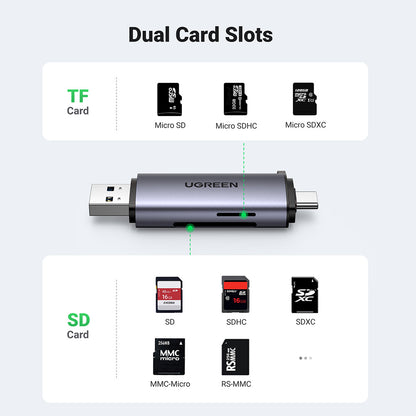 USB / USB-C Kaartlezer UGREEN CM185, SD - microSD, Gri