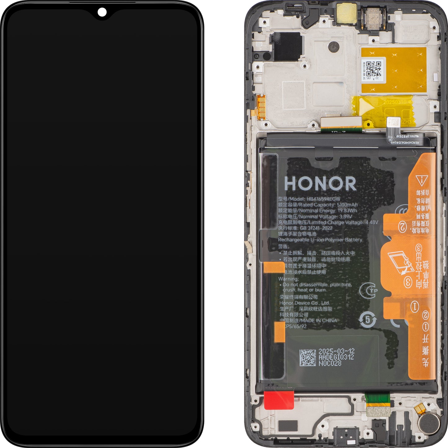 Display met Touchscreen Honor X6b Plus / X6b, met Frame en Batterij, Zwart, Service Pack 0235AKES