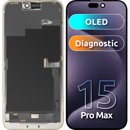 MP Touchscreen-Display kompatibel mit Apple iPhone 15 Pro Max, mit Rahmen, OLED FHD Diagnostic Version, Schwarz, Wiederverpackt