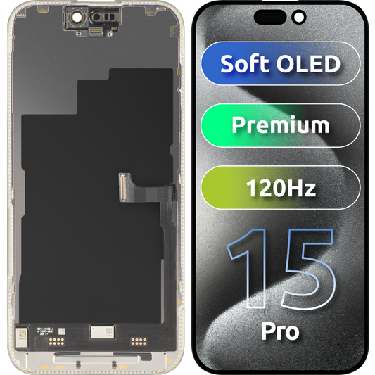 MP Touchscreen Display compatibel met Apple iPhone 15 Pro, met Frame, Premium Soft OLED FHD 120Hz versie, Zwart