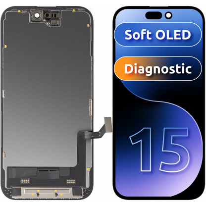 Display met Touchscreen MP compatibel met Apple iPhone 15, met Frame, Soft OLED FHD Diagnostische Versie, Zwart