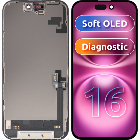 Écran avec Touchscreen MP compatible avec Apple iPhone 16, avec Cadre, Version Soft OLED FHD Diagnostic, Noir